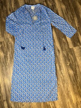 Pomegranate Blue Print Tunic Dress XS NWT Tassel Tie Neck Cotton Beach Cover Up